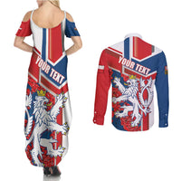 Personalised Czech Republic Couples Matching Summer Maxi Dress and Long Sleeve Button Shirt Czechia Lion Rosa Pattern - Wonder Print Shop