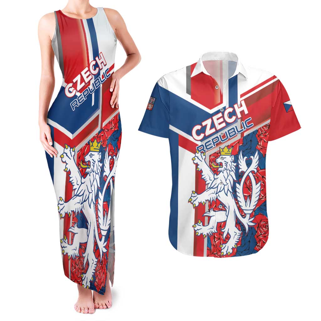 Personalised Czech Republic Couples Matching Tank Maxi Dress and Hawaiian Shirt Czechia Lion Rosa Pattern - Wonder Print Shop