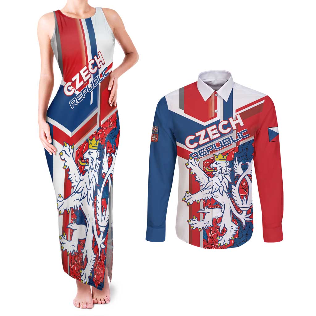Personalised Czech Republic Couples Matching Tank Maxi Dress and Long Sleeve Button Shirt Czechia Lion Rosa Pattern - Wonder Print Shop