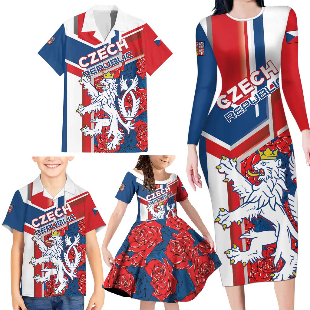 Personalised Czech Republic Family Matching Long Sleeve Bodycon Dress and Hawaiian Shirt Czechia Lion Rosa Pattern - Wonder Print Shop