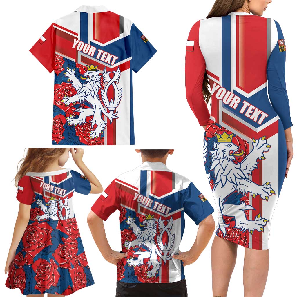 Personalised Czech Republic Family Matching Long Sleeve Bodycon Dress and Hawaiian Shirt Czechia Lion Rosa Pattern - Wonder Print Shop