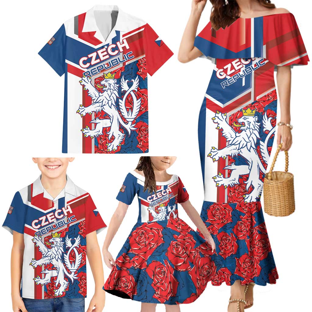 Personalised Czech Republic Family Matching Mermaid Dress and Hawaiian Shirt Czechia Lion Rosa Pattern - Wonder Print Shop