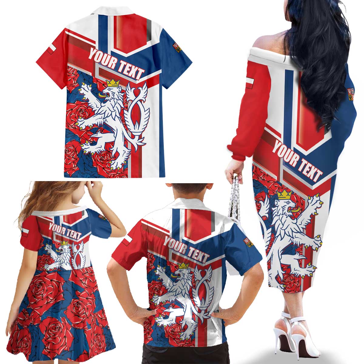 Personalised Czech Republic Family Matching Off The Shoulder Long Sleeve Dress and Hawaiian Shirt Czechia Lion Rosa Pattern - Wonder Print Shop