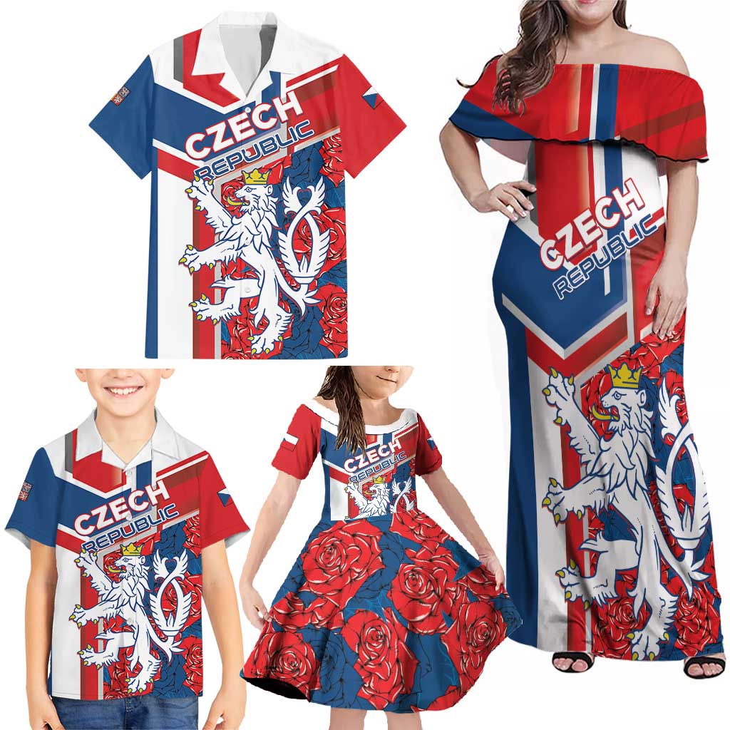 Personalised Czech Republic Family Matching Off Shoulder Maxi Dress and Hawaiian Shirt Czechia Lion Rosa Pattern - Wonder Print Shop