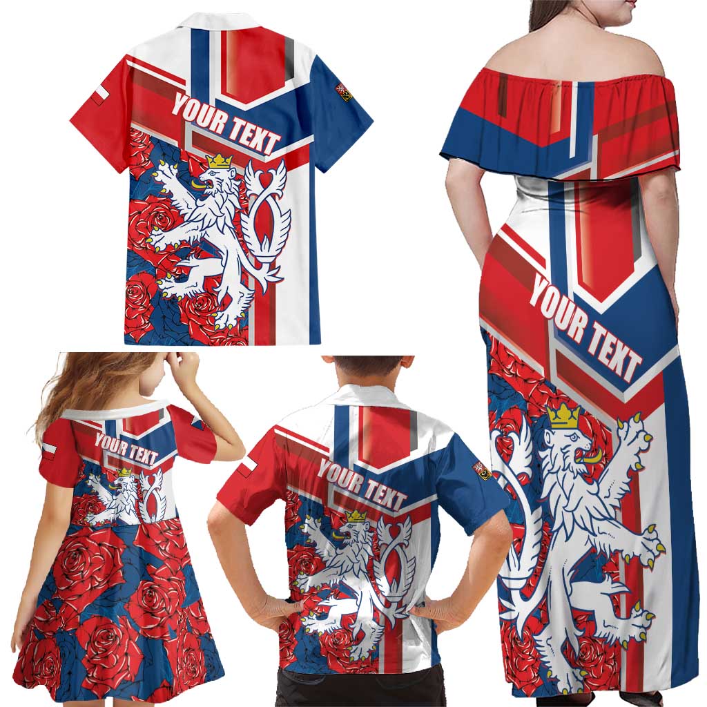 Personalised Czech Republic Family Matching Off Shoulder Maxi Dress and Hawaiian Shirt Czechia Lion Rosa Pattern - Wonder Print Shop