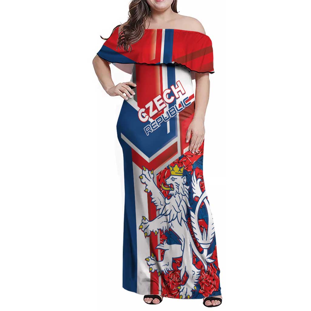 Personalised Czech Republic Family Matching Off Shoulder Maxi Dress and Hawaiian Shirt Czechia Lion Rosa Pattern - Wonder Print Shop