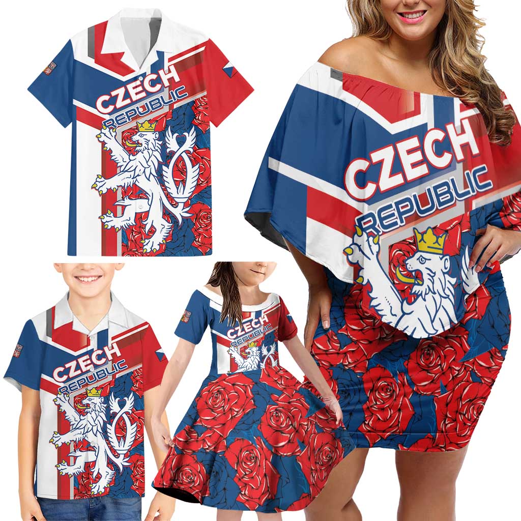 Personalised Czech Republic Family Matching Off Shoulder Short Dress and Hawaiian Shirt Czechia Lion Rosa Pattern - Wonder Print Shop