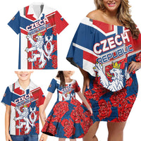 Personalised Czech Republic Family Matching Off Shoulder Short Dress and Hawaiian Shirt Czechia Lion Rosa Pattern - Wonder Print Shop