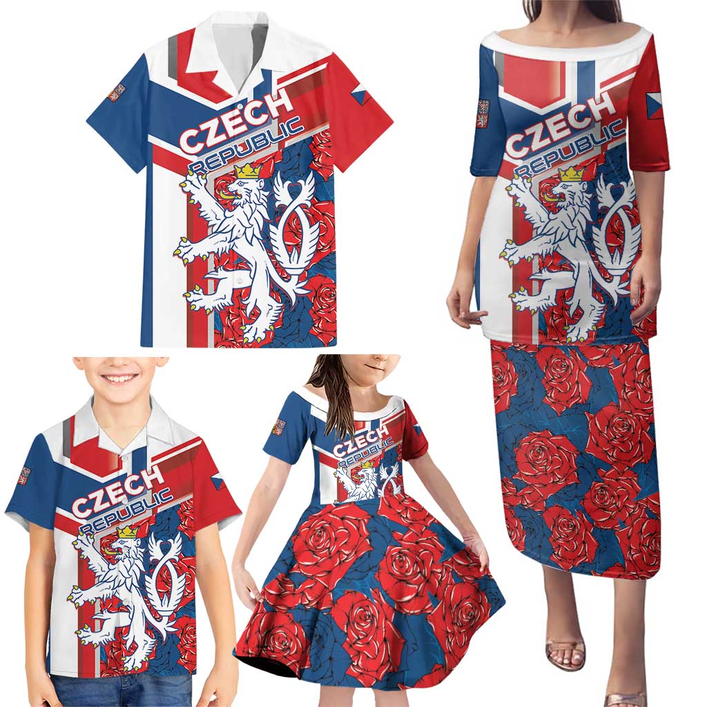 Personalised Czech Republic Family Matching Puletasi and Hawaiian Shirt Czechia Lion Rosa Pattern - Wonder Print Shop