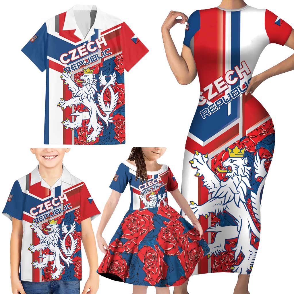 Personalised Czech Republic Family Matching Short Sleeve Bodycon Dress and Hawaiian Shirt Czechia Lion Rosa Pattern - Wonder Print Shop