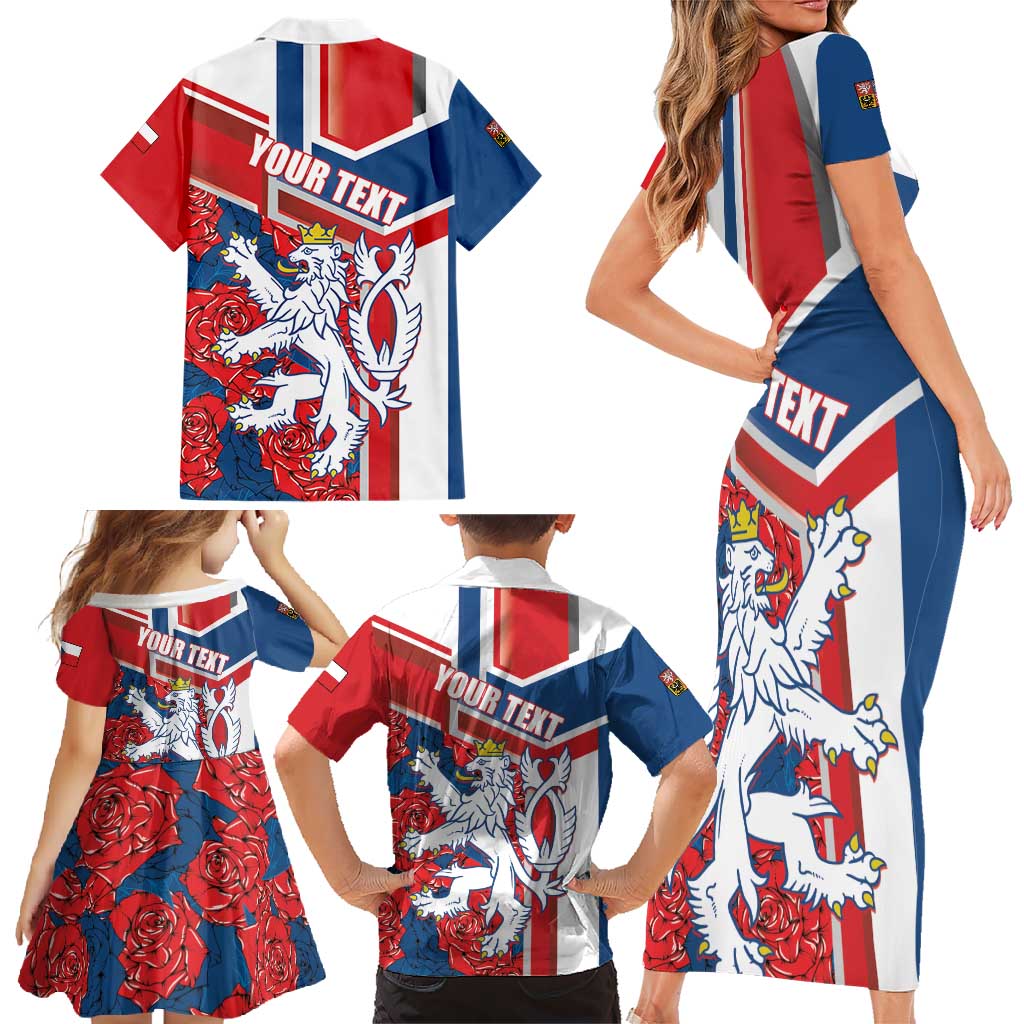 Personalised Czech Republic Family Matching Short Sleeve Bodycon Dress and Hawaiian Shirt Czechia Lion Rosa Pattern - Wonder Print Shop