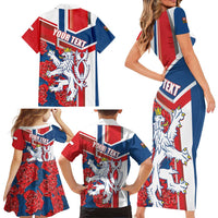 Personalised Czech Republic Family Matching Short Sleeve Bodycon Dress and Hawaiian Shirt Czechia Lion Rosa Pattern - Wonder Print Shop