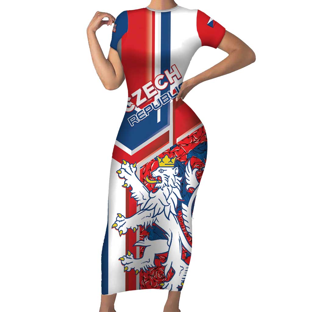 Personalised Czech Republic Family Matching Short Sleeve Bodycon Dress and Hawaiian Shirt Czechia Lion Rosa Pattern - Wonder Print Shop