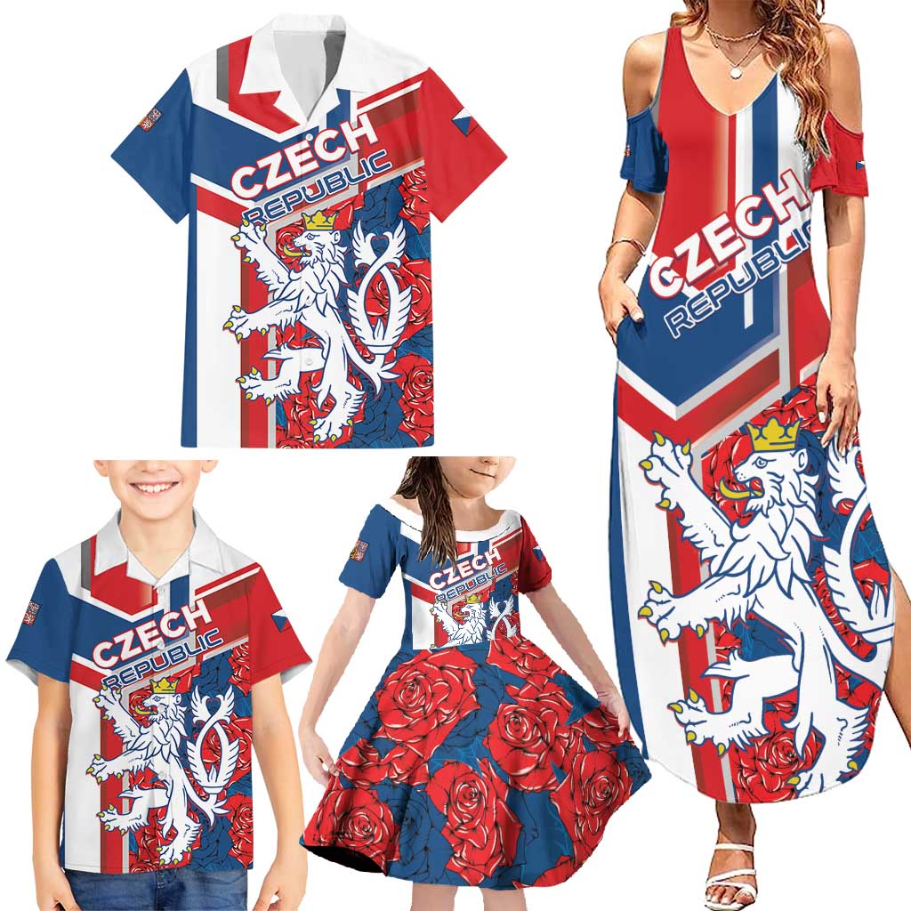 Personalised Czech Republic Family Matching Summer Maxi Dress and Hawaiian Shirt Czechia Lion Rosa Pattern - Wonder Print Shop