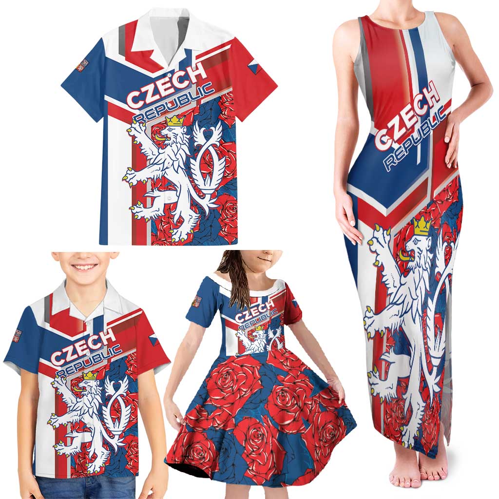 Personalised Czech Republic Family Matching Tank Maxi Dress and Hawaiian Shirt Czechia Lion Rosa Pattern - Wonder Print Shop