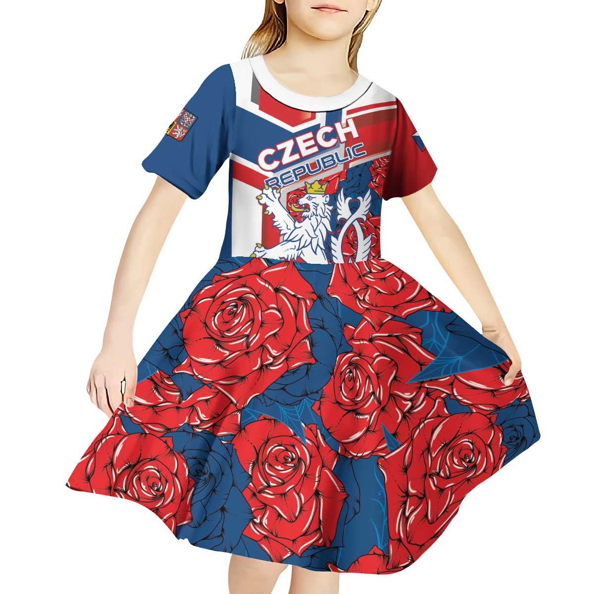 Personalised Czech Republic Kid Short Sleeve Dress Czechia Lion Rosa Pattern - Wonder Print Shop