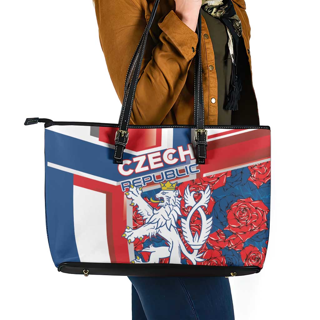 Czech Republic Leather Tote Bag Czechia Lion Rosa Pattern - Wonder Print Shop