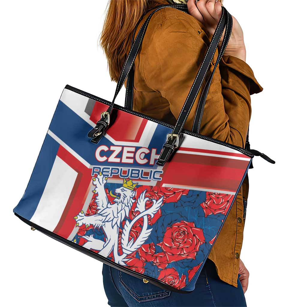 Czech Republic Leather Tote Bag Czechia Lion Rosa Pattern - Wonder Print Shop