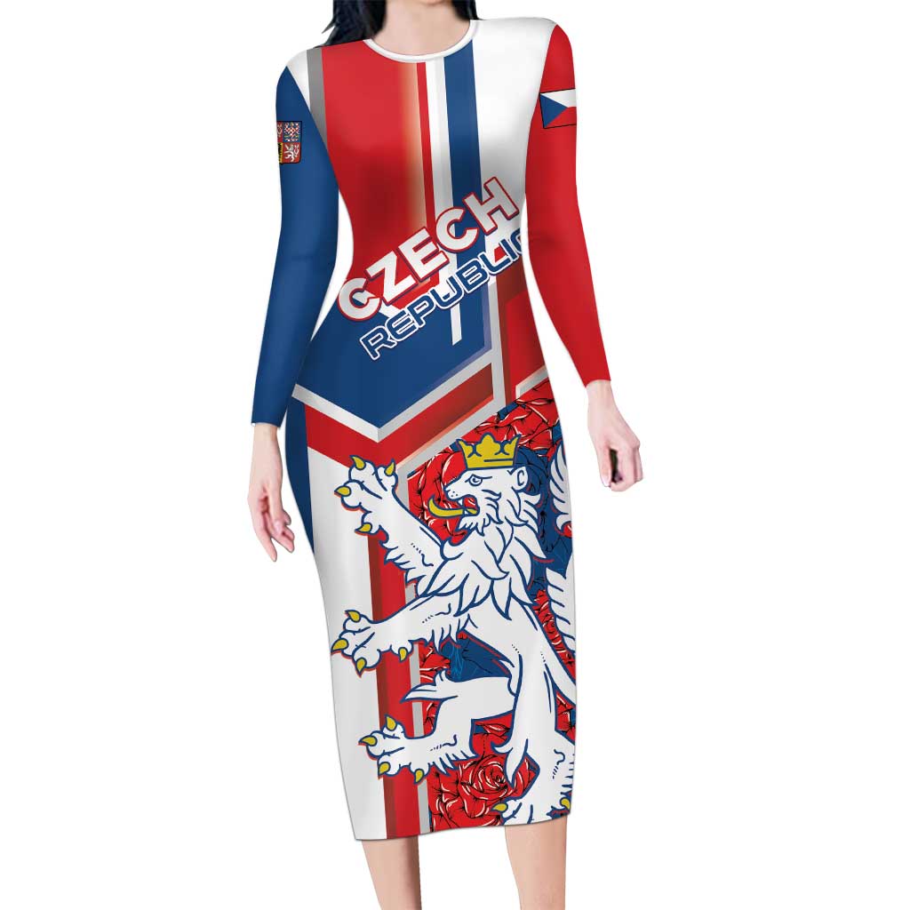 Personalised Czech Republic Long Sleeve Bodycon Dress Czechia Lion Rosa Pattern - Wonder Print Shop
