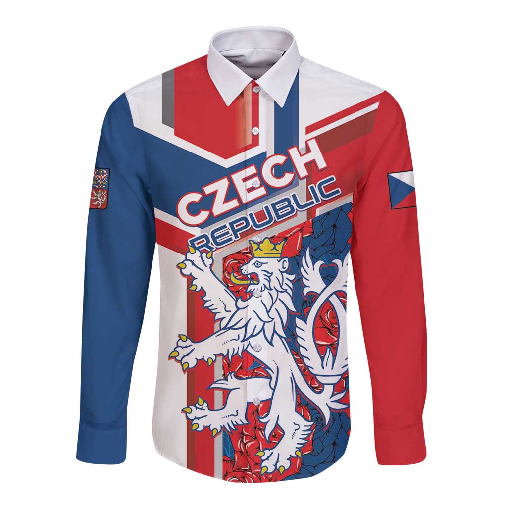 Personalised Czech Republic Long Sleeve Button Shirt Czechia Lion Rosa Pattern - Wonder Print Shop