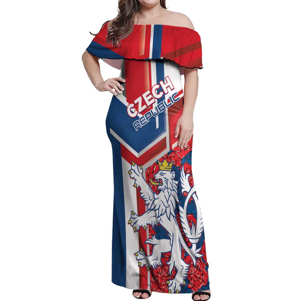 Personalised Czech Republic Off Shoulder Maxi Dress Czechia Lion Rosa Pattern - Wonder Print Shop