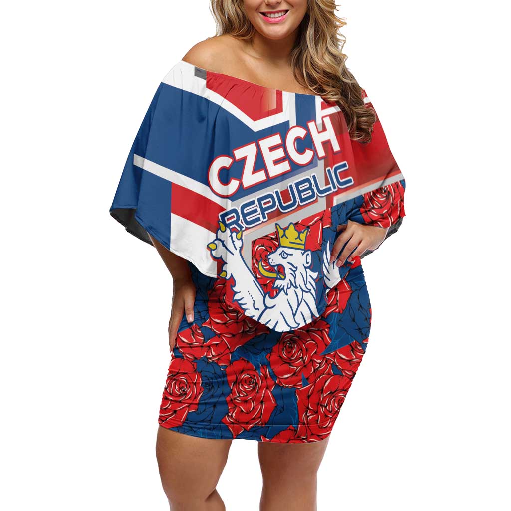 Personalised Czech Republic Off Shoulder Short Dress Czechia Lion Rosa Pattern - Wonder Print Shop