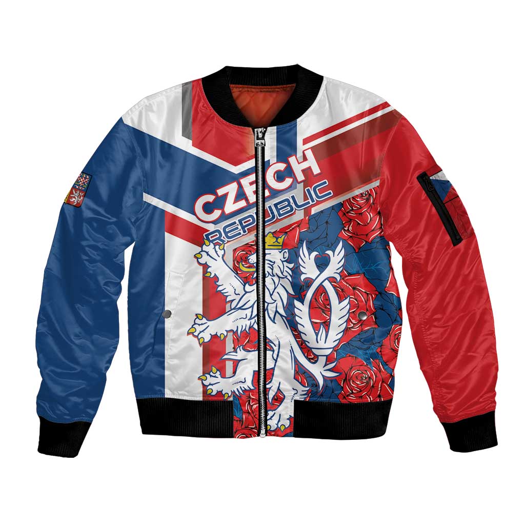 Personalised Czech Republic Sleeve Zip Bomber Jacket Czechia Lion Rosa Pattern - Wonder Print Shop