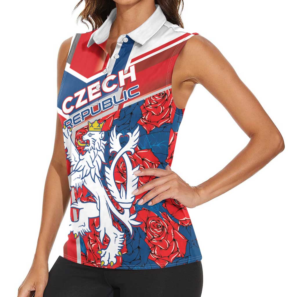 Personalised Czech Republic Women Sleeveless Polo Shirt Czechia Lion Rosa Pattern - Wonder Print Shop