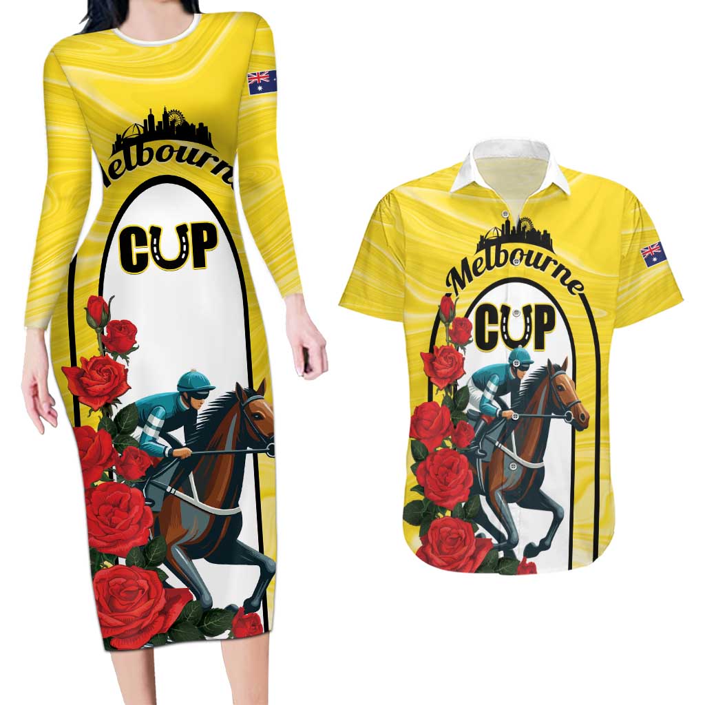 Personalised Melbourne Horse Racing Couples Matching Long Sleeve Bodycon Dress and Hawaiian Shirt The Race That Stops The Nation - Wonder Print Shop