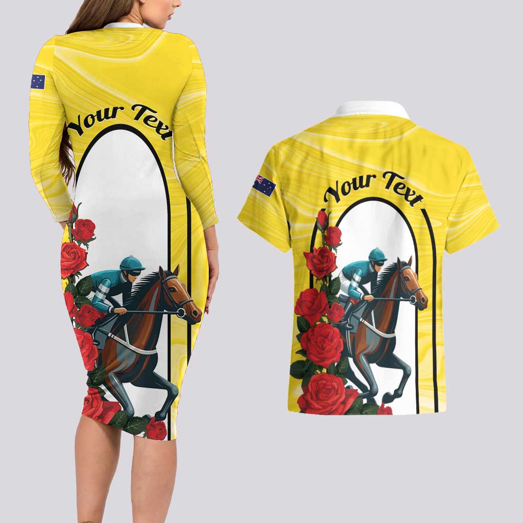 Personalised Melbourne Horse Racing Couples Matching Long Sleeve Bodycon Dress and Hawaiian Shirt The Race That Stops The Nation - Wonder Print Shop
