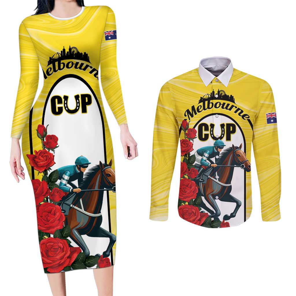 Personalised Melbourne Horse Racing Couples Matching Long Sleeve Bodycon Dress and Long Sleeve Button Shirt The Race That Stops The Nation - Wonder Print Shop