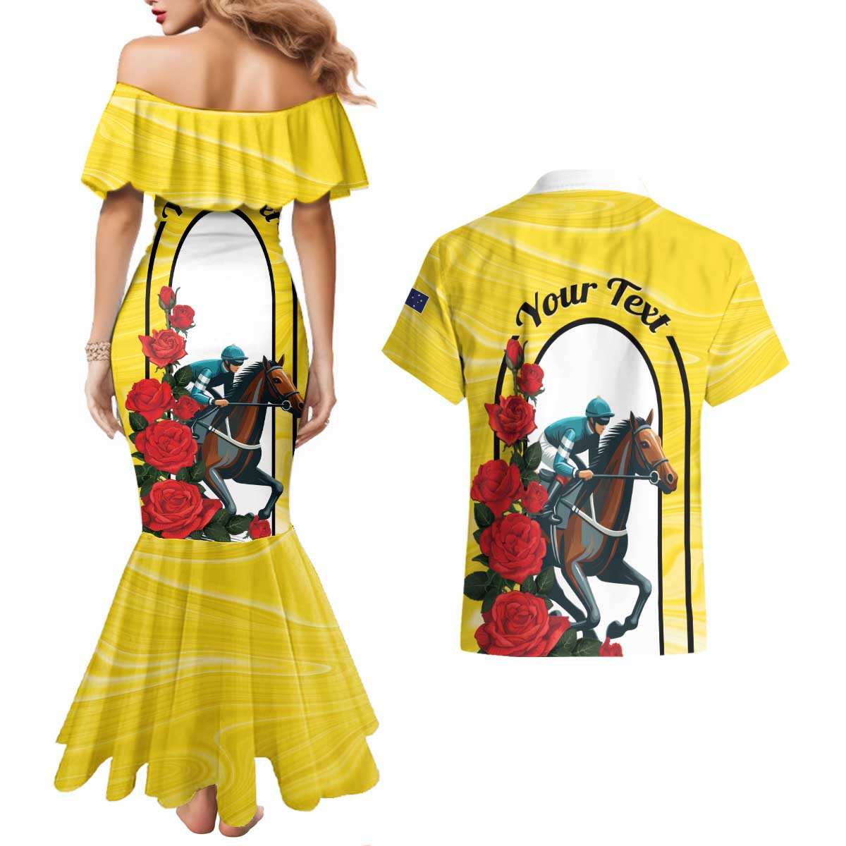 Personalised Melbourne Horse Racing Couples Matching Mermaid Dress and Hawaiian Shirt The Race That Stops The Nation - Wonder Print Shop