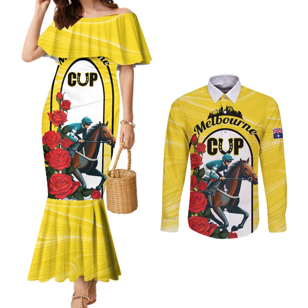 Personalised Melbourne Horse Racing Couples Matching Mermaid Dress and Long Sleeve Button Shirt The Race That Stops The Nation