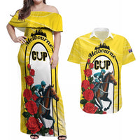 Personalised Melbourne Horse Racing Couples Matching Off Shoulder Maxi Dress and Hawaiian Shirt The Race That Stops The Nation - Wonder Print Shop