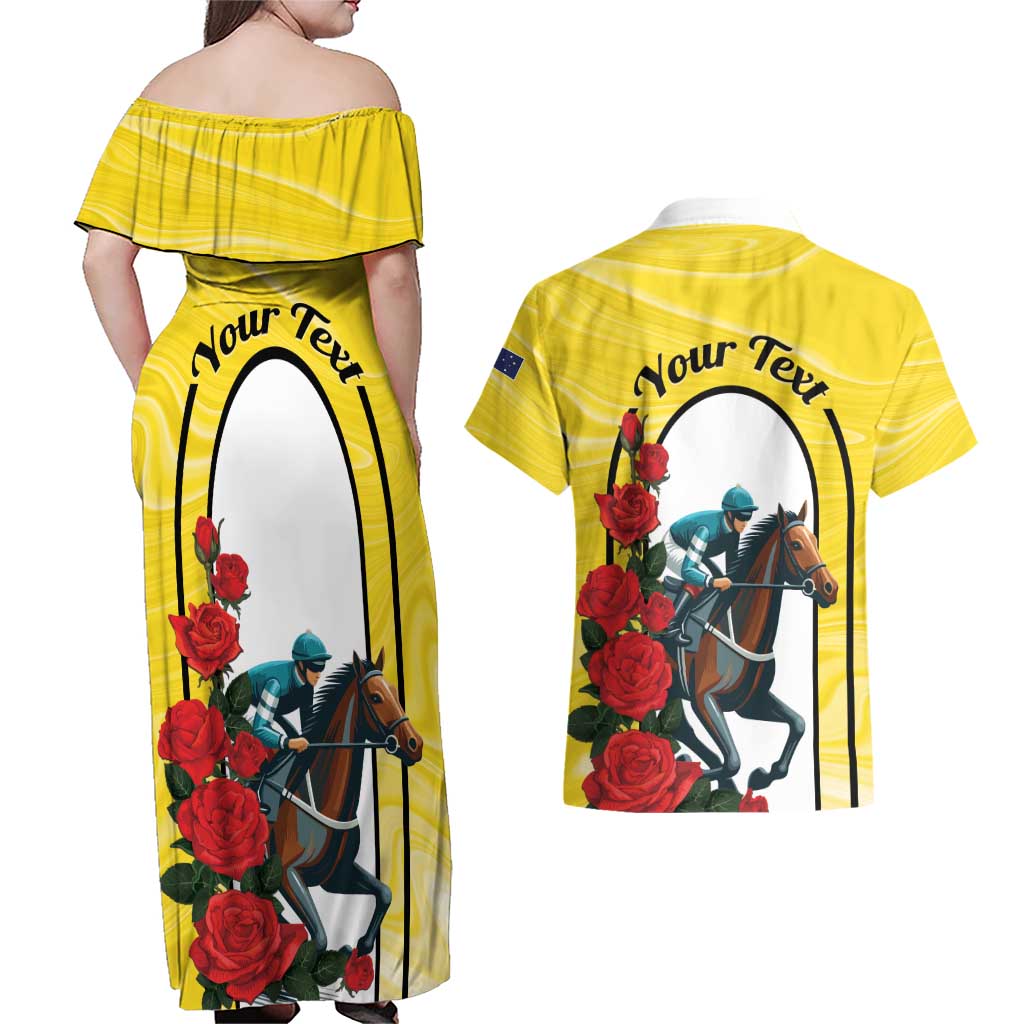 Personalised Melbourne Horse Racing Couples Matching Off Shoulder Maxi Dress and Hawaiian Shirt The Race That Stops The Nation - Wonder Print Shop