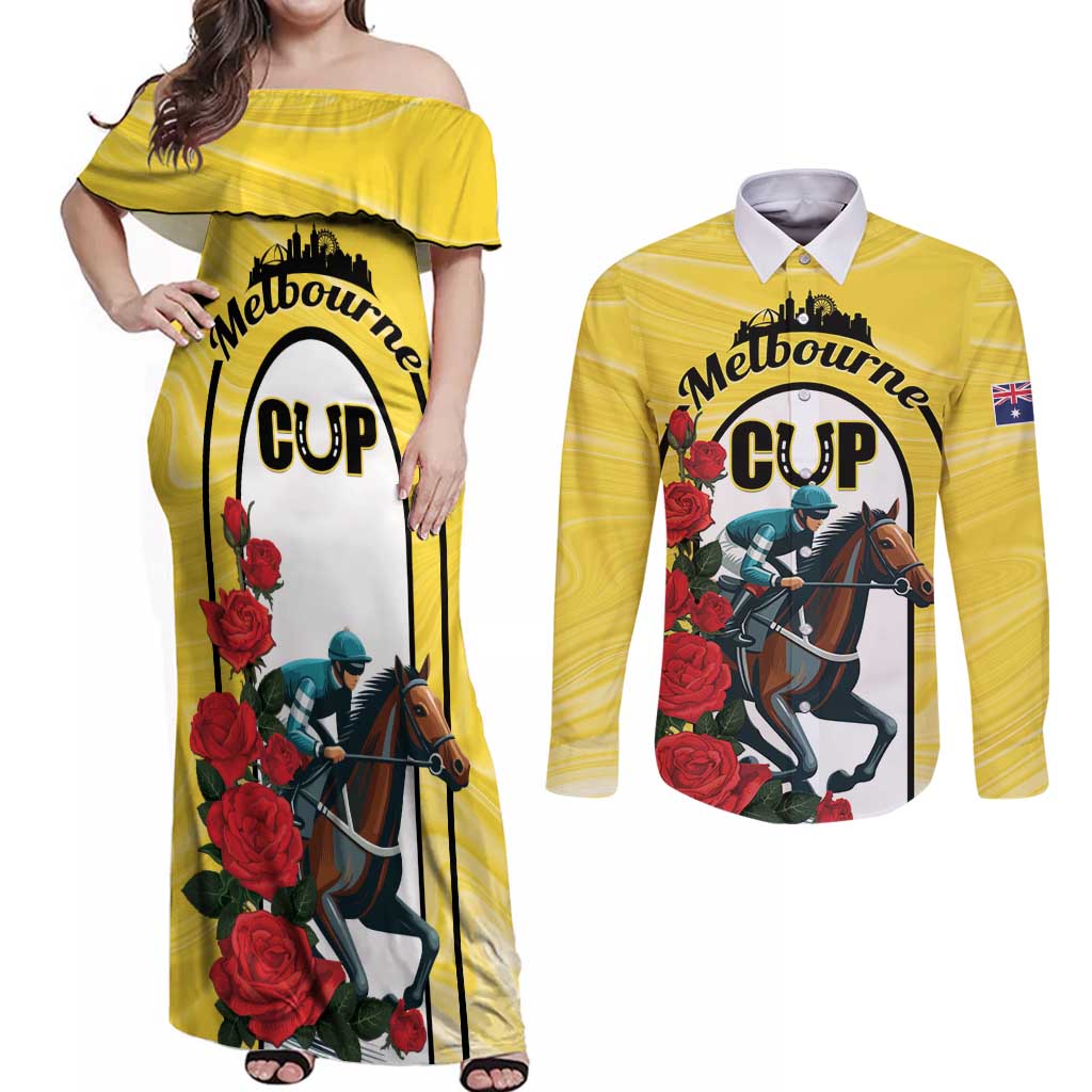 Personalised Melbourne Horse Racing Couples Matching Off Shoulder Maxi Dress and Long Sleeve Button Shirt The Race That Stops The Nation - Wonder Print Shop
