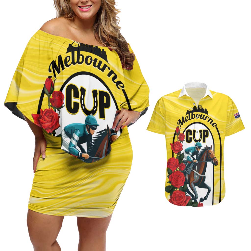Personalised Melbourne Horse Racing Couples Matching Off Shoulder Short Dress and Hawaiian Shirt The Race That Stops The Nation - Wonder Print Shop