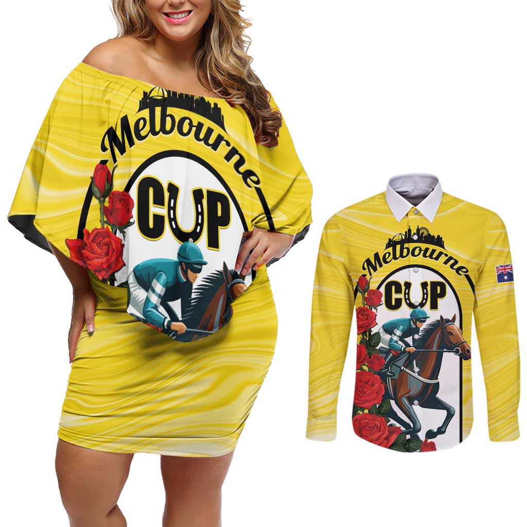 Personalised Melbourne Horse Racing Couples Matching Off Shoulder Short Dress and Long Sleeve Button Shirt The Race That Stops The Nation - Wonder Print Shop