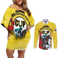 Personalised Melbourne Horse Racing Couples Matching Off Shoulder Short Dress and Long Sleeve Button Shirt The Race That Stops The Nation - Wonder Print Shop