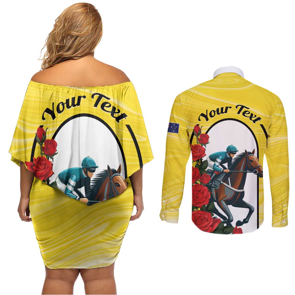 Personalised Melbourne Horse Racing Couples Matching Off Shoulder Short Dress and Long Sleeve Button Shirt The Race That Stops The Nation - Wonder Print Shop