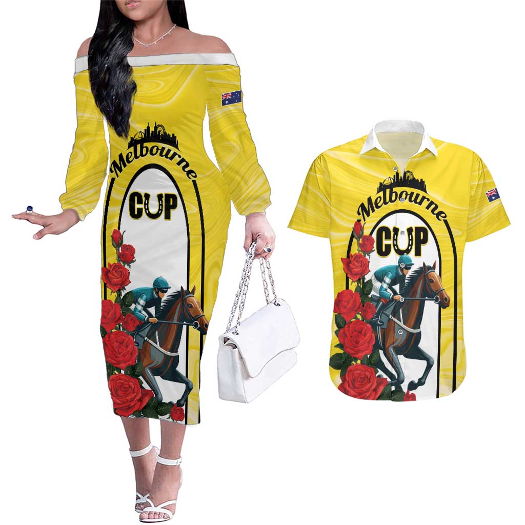 Personalised Melbourne Horse Racing Couples Matching Off The Shoulder Long Sleeve Dress and Hawaiian Shirt The Race That Stops The Nation - Wonder Print Shop