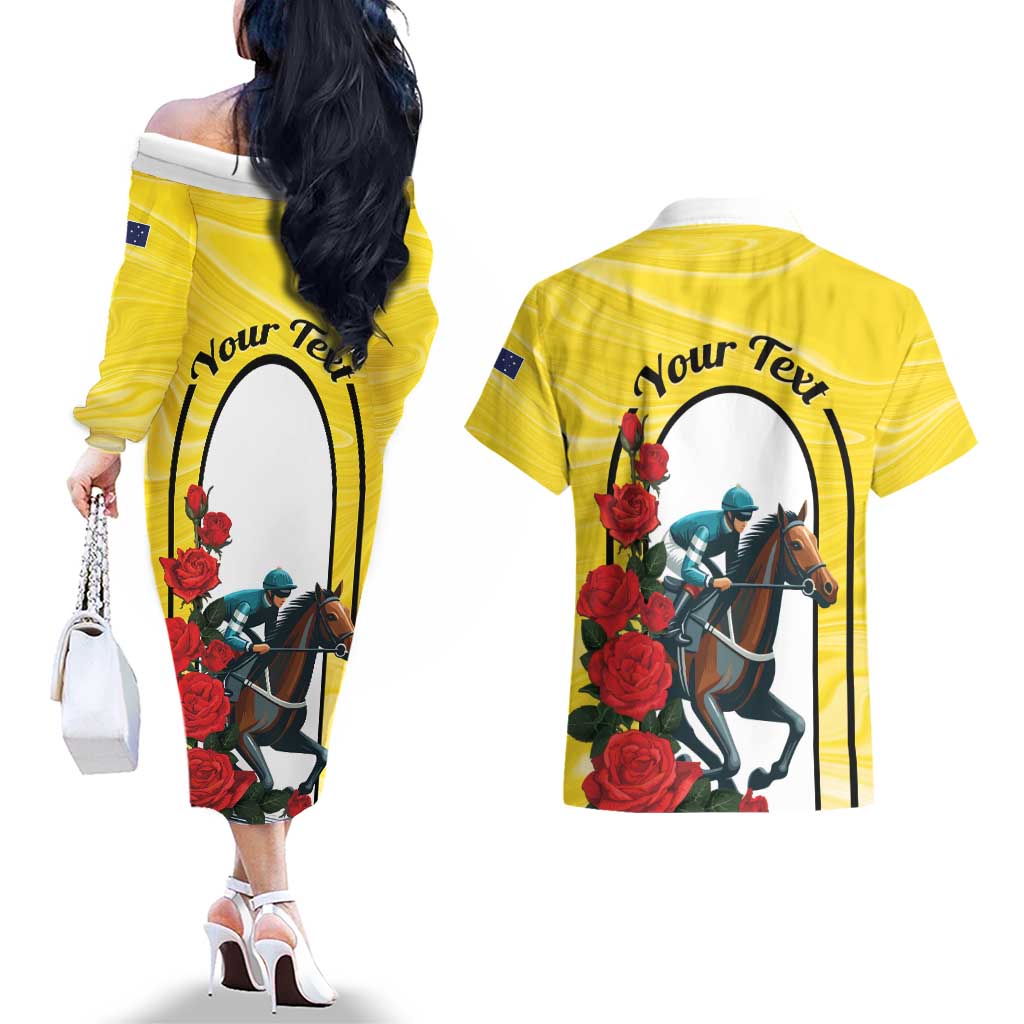 Personalised Melbourne Horse Racing Couples Matching Off The Shoulder Long Sleeve Dress and Hawaiian Shirt The Race That Stops The Nation - Wonder Print Shop
