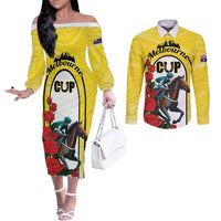 Personalised Melbourne Horse Racing Couples Matching Off The Shoulder Long Sleeve Dress and Long Sleeve Button Shirt The Race That Stops The Nation
