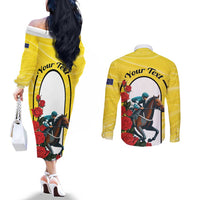 Personalised Melbourne Horse Racing Couples Matching Off The Shoulder Long Sleeve Dress and Long Sleeve Button Shirt The Race That Stops The Nation