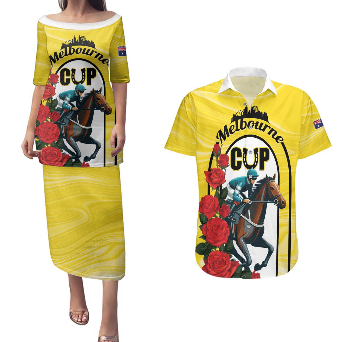 Personalised Melbourne Horse Racing Couples Matching Puletasi and Hawaiian Shirt The Race That Stops The Nation - Wonder Print Shop