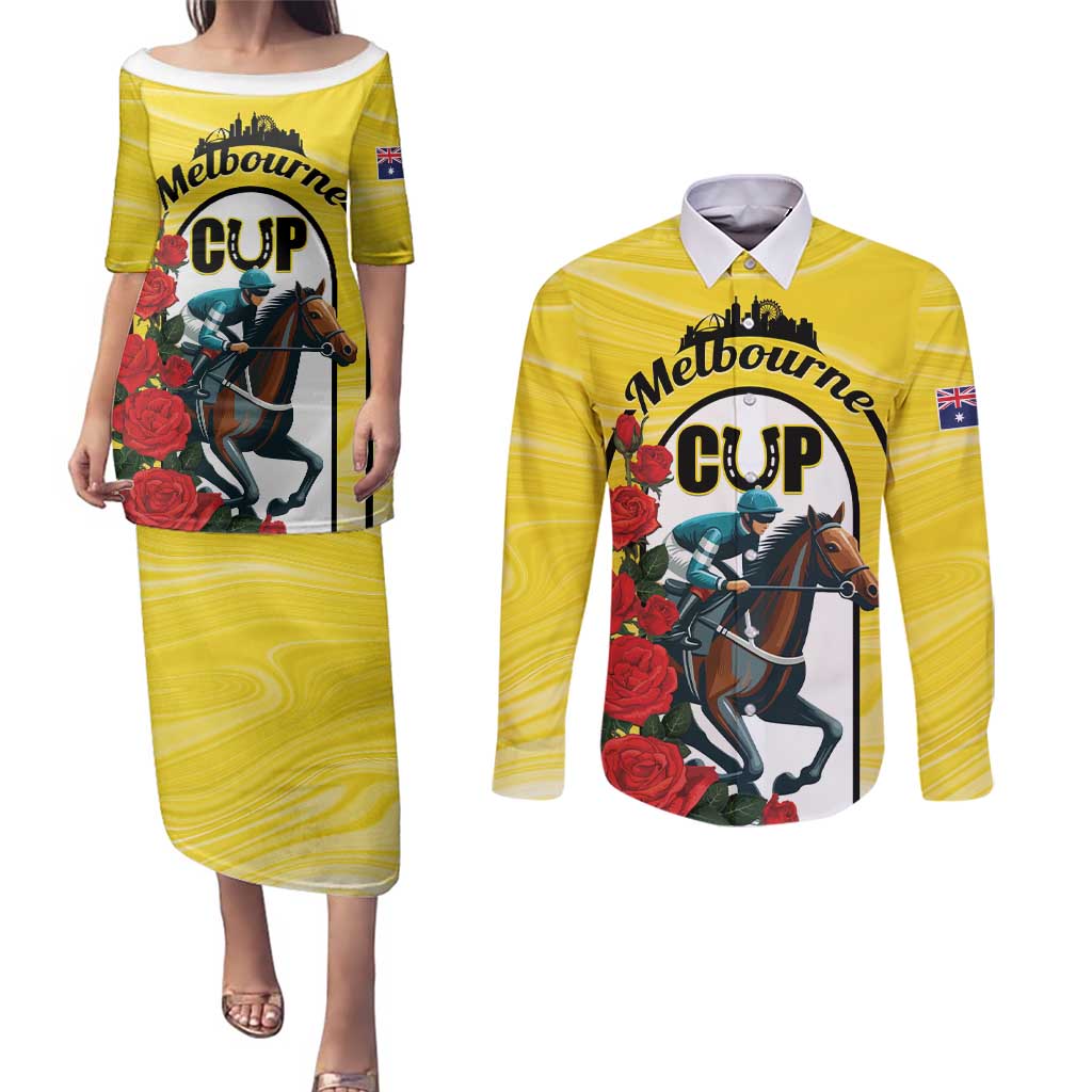 Personalised Melbourne Horse Racing Couples Matching Puletasi and Long Sleeve Button Shirt The Race That Stops The Nation - Wonder Print Shop
