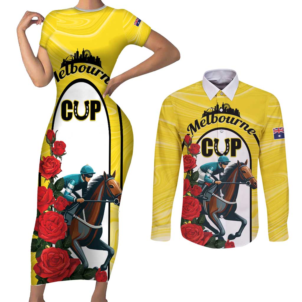 Personalised Melbourne Horse Racing Couples Matching Short Sleeve Bodycon Dress and Long Sleeve Button Shirt The Race That Stops The Nation - Wonder Print Shop