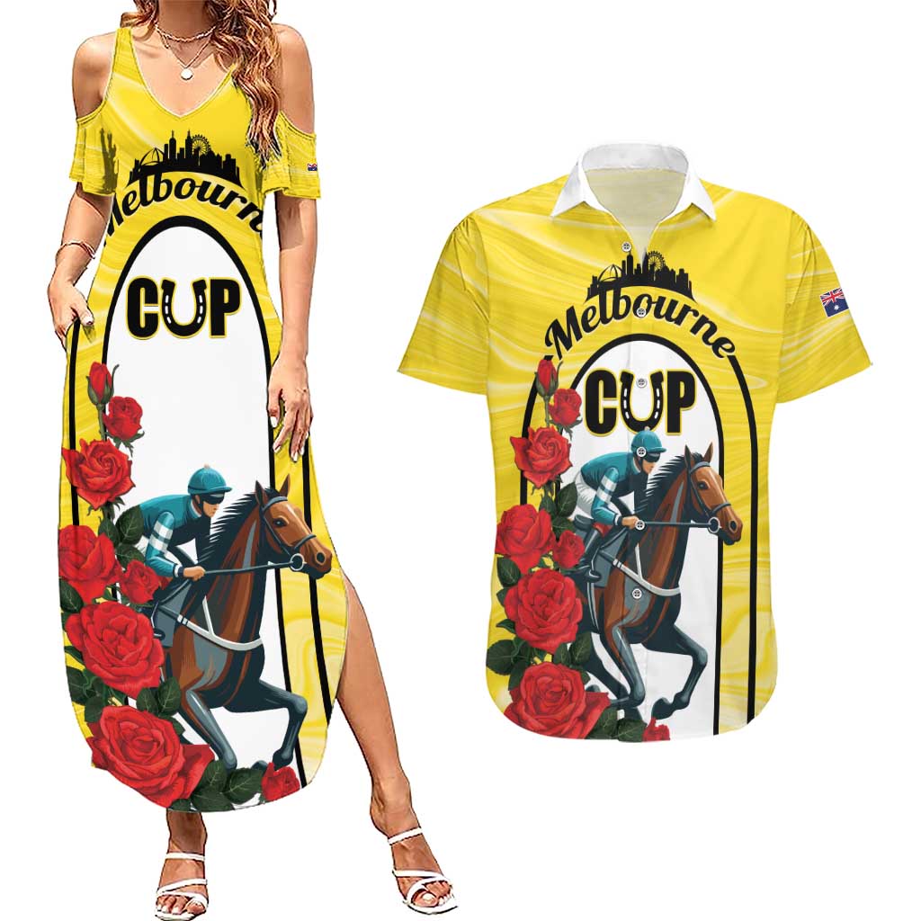 Personalised Melbourne Horse Racing Couples Matching Summer Maxi Dress and Hawaiian Shirt The Race That Stops The Nation - Wonder Print Shop