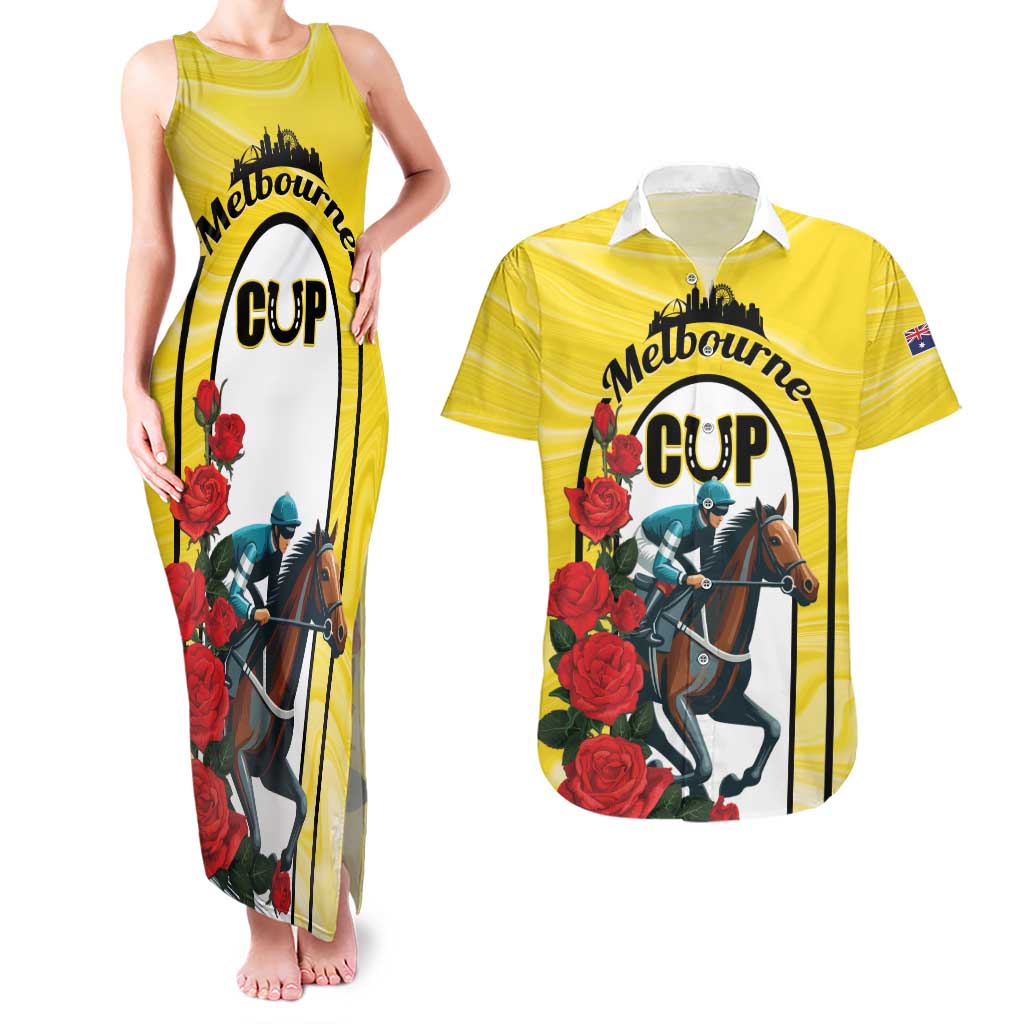 Personalised Melbourne Horse Racing Couples Matching Tank Maxi Dress and Hawaiian Shirt The Race That Stops The Nation - Wonder Print Shop