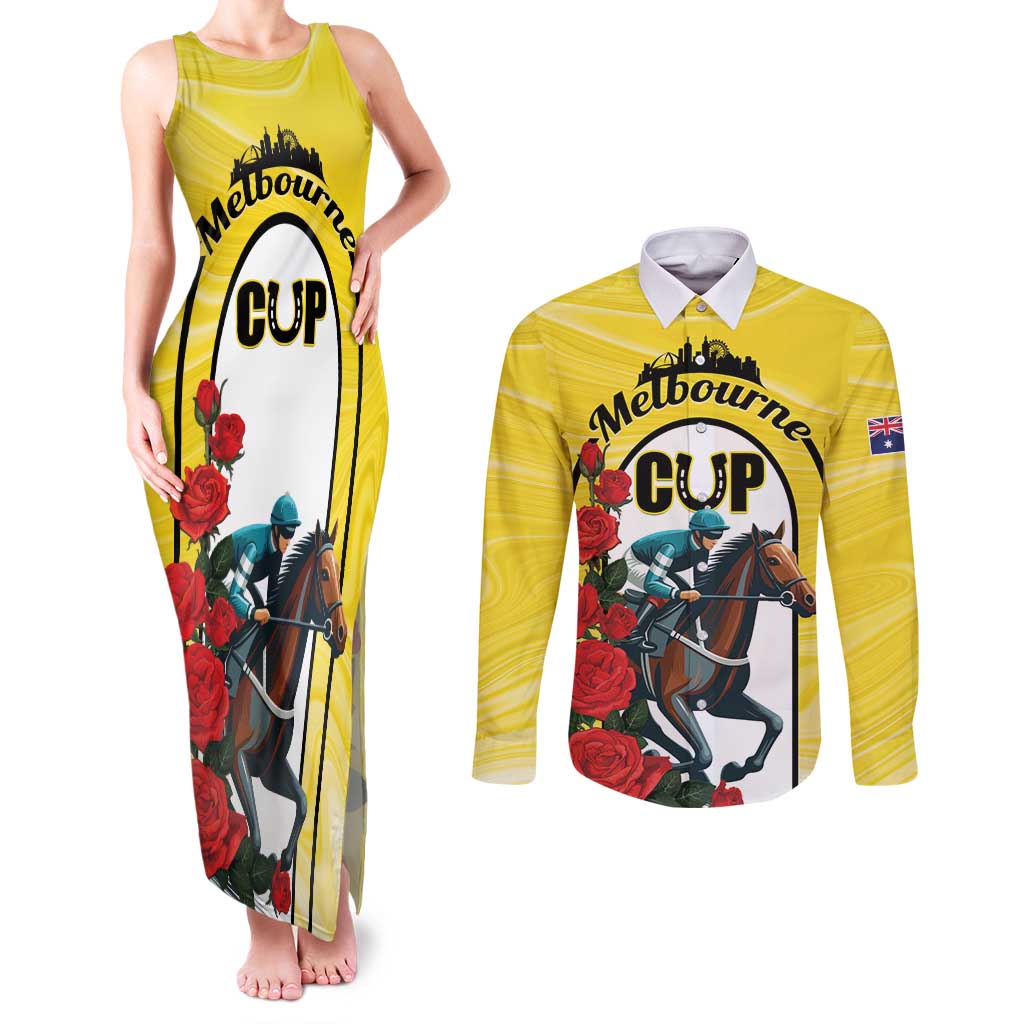 Personalised Melbourne Horse Racing Couples Matching Tank Maxi Dress and Long Sleeve Button Shirt The Race That Stops The Nation - Wonder Print Shop